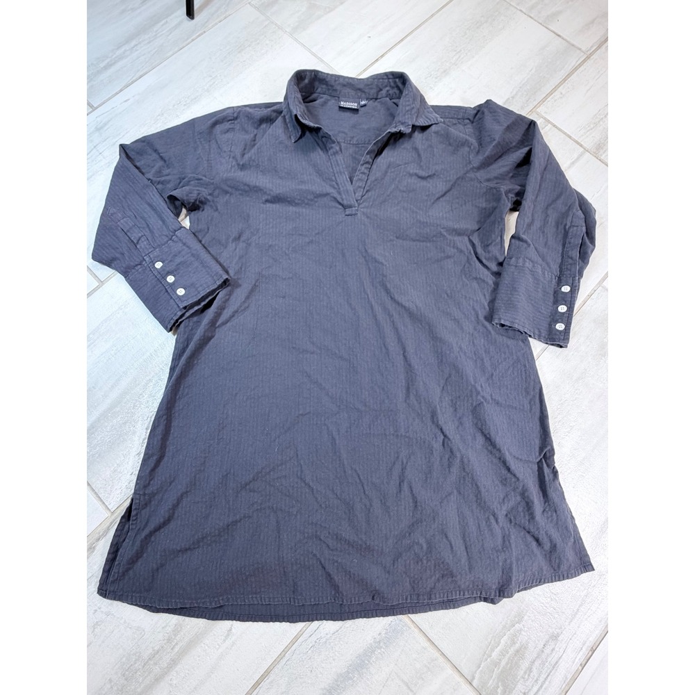 Madison Mathews Navy Blue Cotton Striped V-Neck Tunic Shirt Dress Large